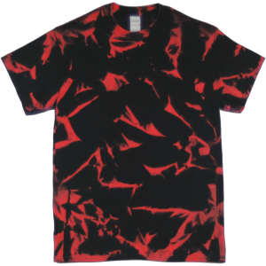 A tie-dye T-shirt featuring a black base with vibrant red patterns throughout. The shirt has a tag and a regular fit.