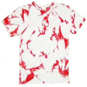 A red and white tie-dye T-shirt with a unique pattern and a label on the neckline.