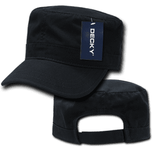 A black G.I. cap with a structured design and a branded tag on one side.