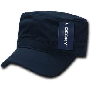 A washed G.I. cap in navy blue with a tag attached, featuring a branded logo.
