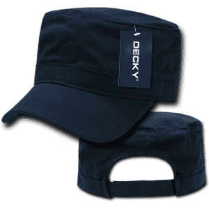 A navy blue G.I. cap with a tag and a rear opening, featuring a branding logo.