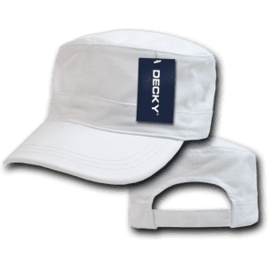 A white washed G.I. cap with a curved brim and a tag featuring a logo.