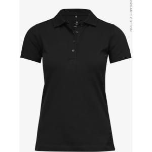 A black women's polo shirt with a collar, short sleeves, and a brand logo. Made from organic cotton.