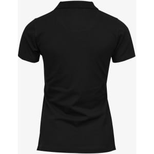A black women's polo shirt with a classic design and a logo on the back. Short sleeves and a collar are featured.