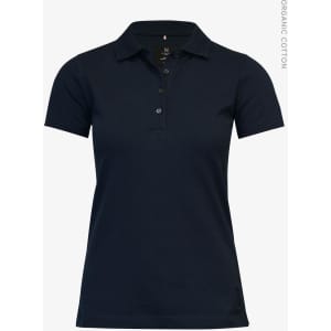 A navy blue women's polo shirt with a classic collar and buttons, featuring a logo on the hem.