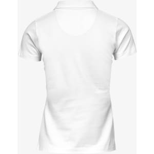 A white women's polo shirt featuring a classic design and a polo collar. It includes a logo detail.
