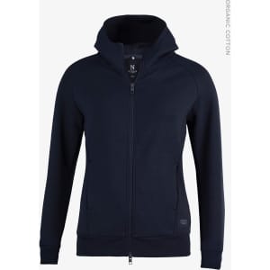 A navy blue women's hoodie jacket with a zip, featuring a hood and a logo. Made from organic cotton.