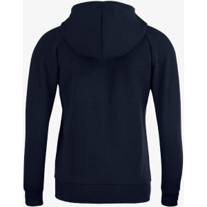 A navy blue women's hoodie featuring a full back design and a hood. It includes a logo on the back.