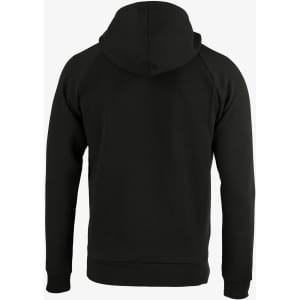 A black hooded jumper with a simple design and a logo on the back.
