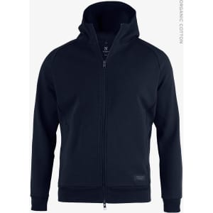 A navy blue zip-up hoodie with a hood, featuring a logo on the front. Made from organic cotton.