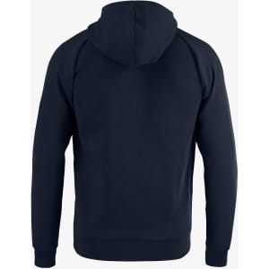 A navy blue hoodie with a hood and raglan sleeves, featuring a simple design and a logo on the back.