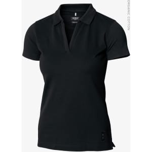 A black women's V-neck polo shirt made of organic cotton, featuring a logo. Suitable for casual wear.