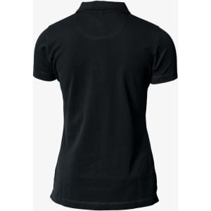 A black women's polo shirt featuring a V-neck and short sleeves, with a logo on the back.