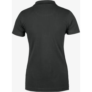 A dark grey women's polo shirt featuring a V-neck design and a logo on the back.