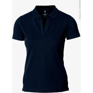 A navy blue women's polo shirt with a V-neck design and a logo on the side. Made from organic cotton.
