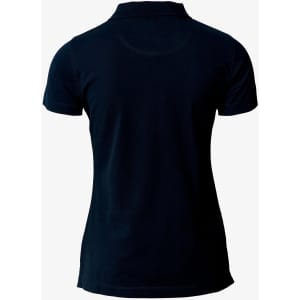 A dark navy V-neck polo shirt for women, featuring a fitted design and short sleeves. It has a logo on the side.