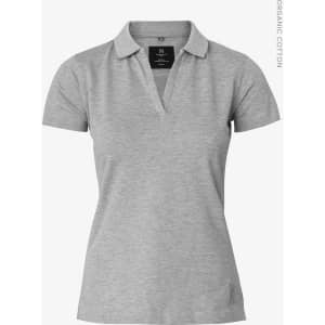 A women's grey V-neck polo shirt made from organic cotton, featuring a collar and a logo.