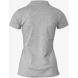 A women's grey polo shirt with a V-neck and short sleeves, featuring a logo on the back.
