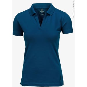 A women's v-neck polo shirt in a deep teal colour, featuring a collar and a logo. Made from organic cotton.