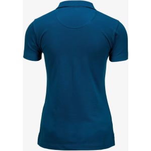 A women's polo shirt in deep teal, featuring a fitted design and short sleeves, with a logo on the back.