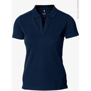 A navy blue women's polo shirt with a V-neck and a branded label on the side.