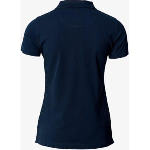 A navy blue women's polo shirt with a V-neck and short sleeves. The back view is depicted.
