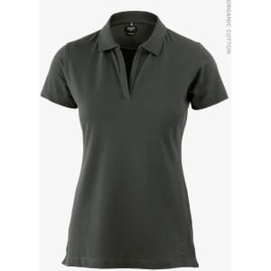 A dark grey women's V-neck polo shirt made from organic cotton, featuring a collar and a fitted design.