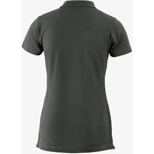 A women's v-neck polo shirt in dark grey with a fitted design and short sleeves. It features a logo on the side.