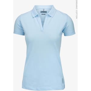 A light blue women's V-neck polo shirt made from organic cotton, featuring a collar and short sleeves.