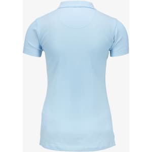 A light blue women’s polo shirt featuring a classic V-neck and short sleeves, with a logo on the back.