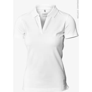 A white women’s polo shirt with a v-neck design and a logo. Made from organic cotton material.