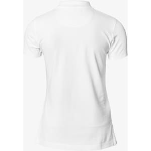 A white women's polo shirt featuring a V-neck design and a plain back, with a logo on the side.