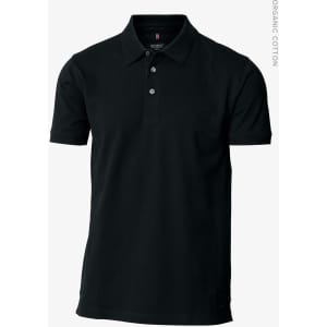 A black polo shirt made from organic cotton featuring a collar and three buttons, along with a logo.