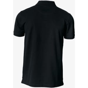 A black polo shirt featuring a collar and short sleeves, with a logo on the back.