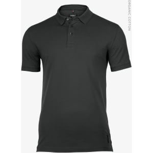 A dark grey polo shirt featuring a collar and short sleeves, with a logo on the side.