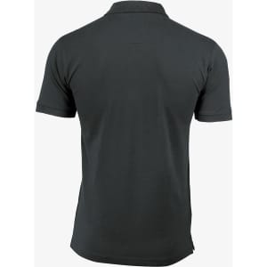 A dark grey polo shirt with short sleeves featuring a collar and a logo.