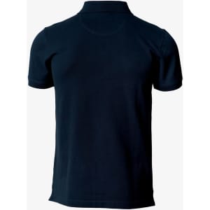 A dark navy polo shirt featuring a collar and short sleeves, with a logo on the back.
