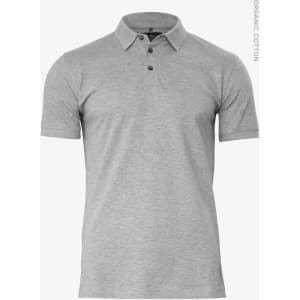A grey polo shirt made from organic cotton with a collar and a logo. Short sleeves and a classic design.