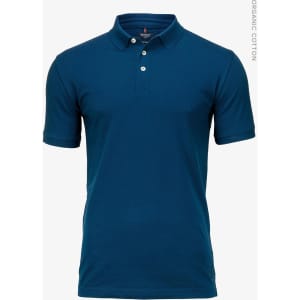 A dark teal polo shirt with a classic collar and short sleeves, featuring a logo on the chest.