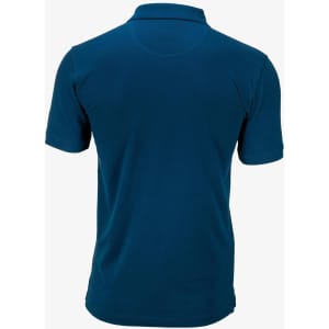 A navy blue polo shirt featuring a collar and short sleeves, with a branding logo on the back.