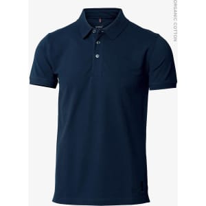 A navy blue polo shirt featuring a collar, buttons, and a logo on the side. Made from organic cotton.