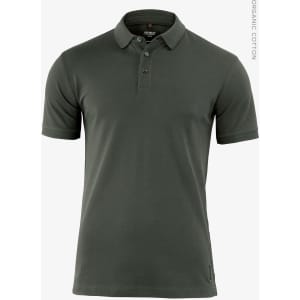 A dark green polo shirt with a collar, short sleeves, and a subtle logo featuring organic cotton fabric.