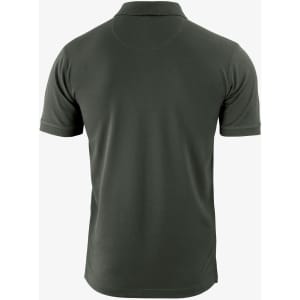 A dark green polo shirt with a classic fit and a branded logo on the back.