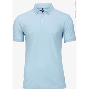 A light blue polo shirt made from organic cotton, featuring a classic collar and short sleeves. It has a logo.