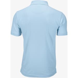 A light blue polo shirt featuring short sleeves and a classic collar, with a logo on the back.