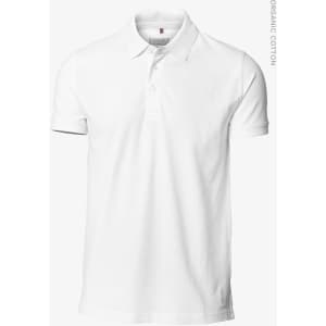 A white polo shirt made from organic cotton featuring a collar and a logo. Suitable for casual wear.