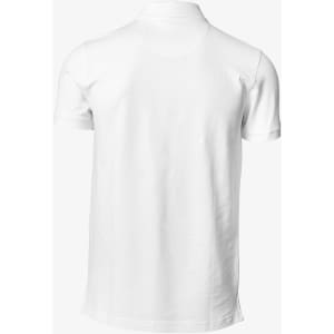 A white polo shirt, featuring short sleeves and a collar, with a logo on the front.