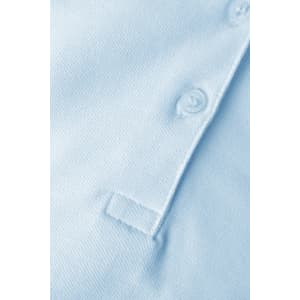 A light blue polo shirt featuring a button placket and a textured fabric. It has a logo on the front.