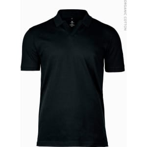 A black V-neck polo shirt made from organic cotton, featuring a simple design and short sleeves.