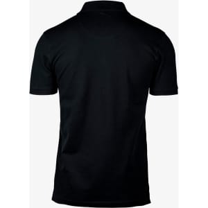 A black men’s polo shirt featuring a classic V-neck design and short sleeves, with a logo on the chest.